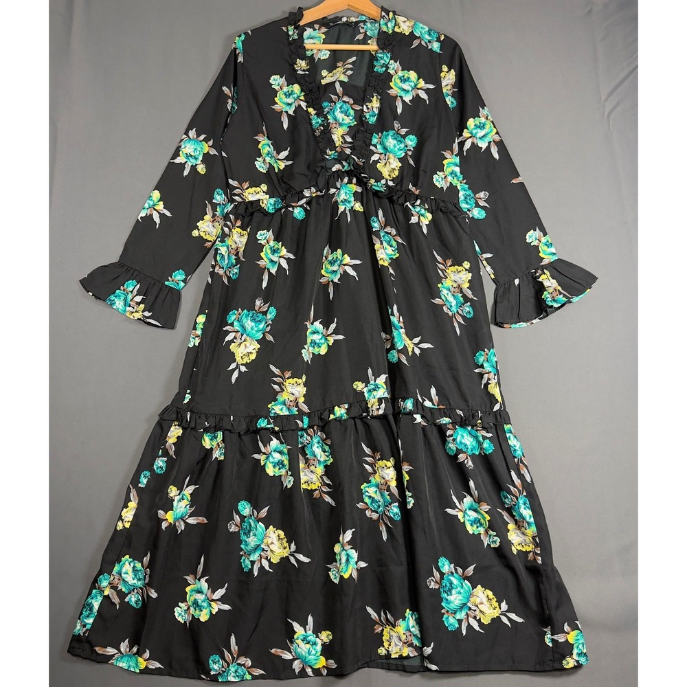Aila Womens Medium Floral Tiered Maxi Dress Black Long Sleeve Ruffle Boho